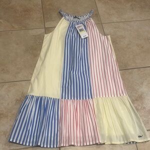 Vineyard Vines Striped Halter Dress in Blue, Red, and Yellow
